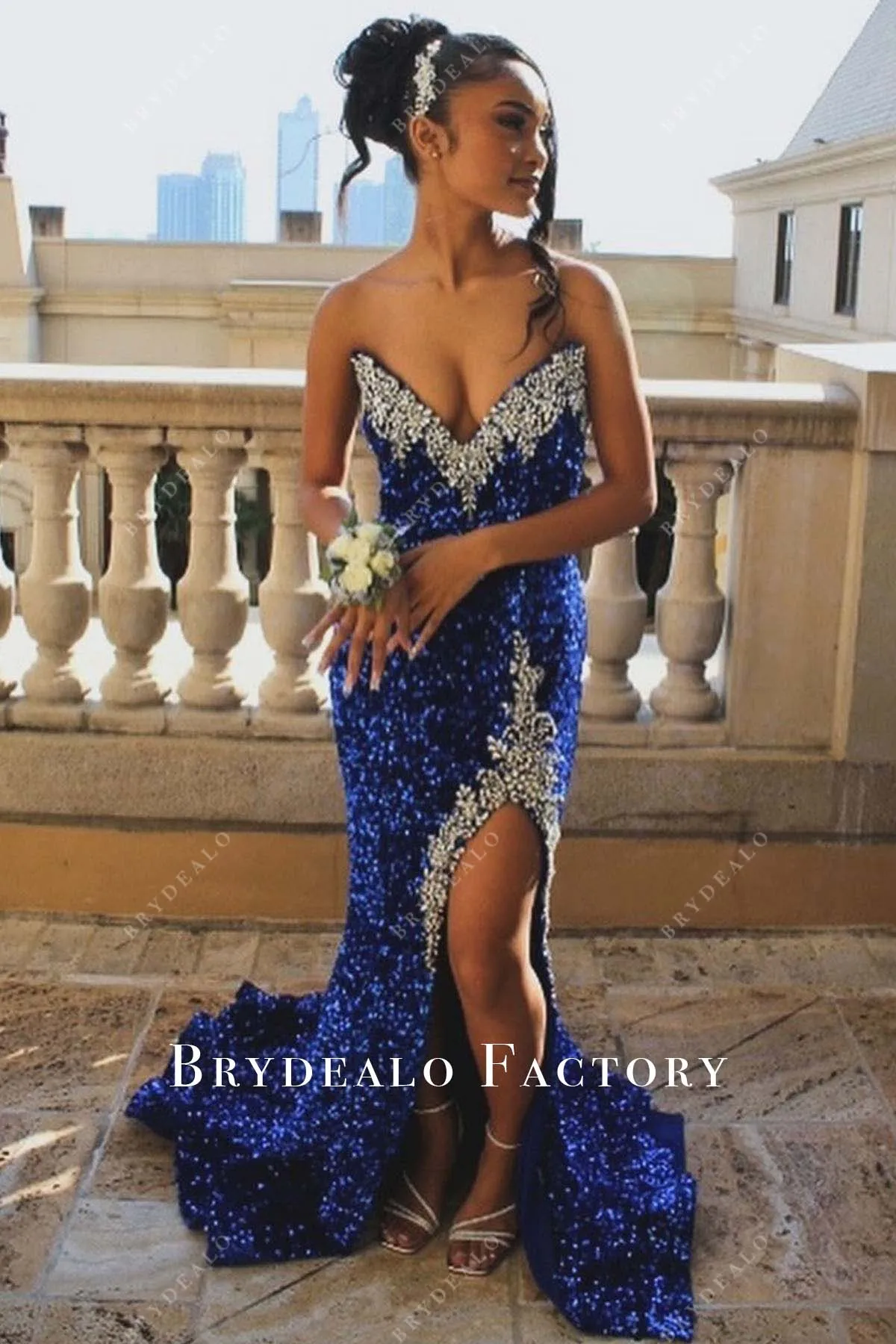 Royal Blue Sequined Strapless Long Train Prom Dress