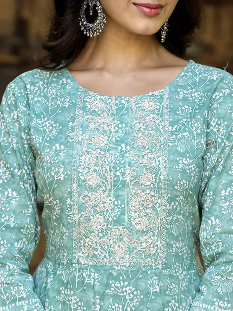 Sea Green Floral Embroidered Regular Thread Work Pure Cotton Kurta With Trousers & With Dupatta