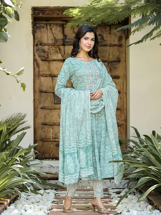 Sea Green Floral Embroidered Regular Thread Work Pure Cotton Kurta With Trousers & With Dupatta