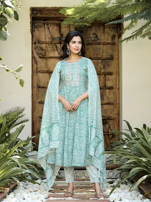 Sea Green Floral Embroidered Regular Thread Work Pure Cotton Kurta With Trousers & With Dupatta