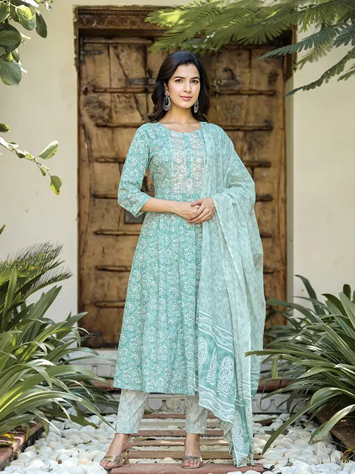 Sea Green Floral Embroidered Regular Thread Work Pure Cotton Kurta With Trousers & With Dupatta