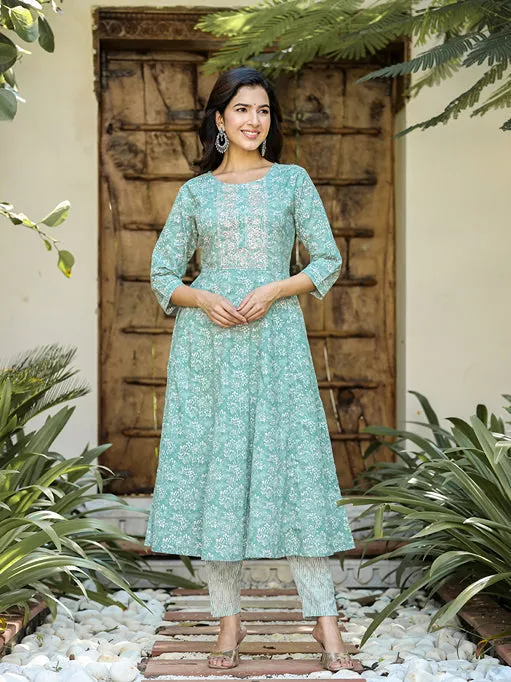 Sea Green Floral Embroidered Regular Thread Work Pure Cotton Kurta With Trousers & With Dupatta