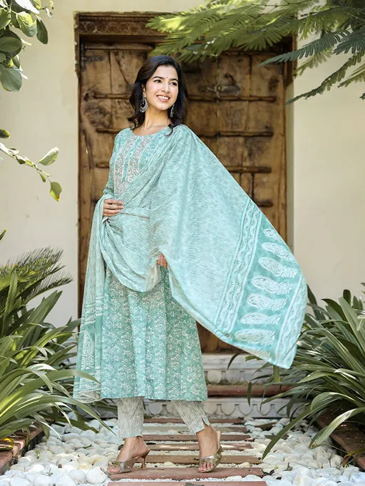 Sea Green Floral Embroidered Regular Thread Work Pure Cotton Kurta With Trousers & With Dupatta