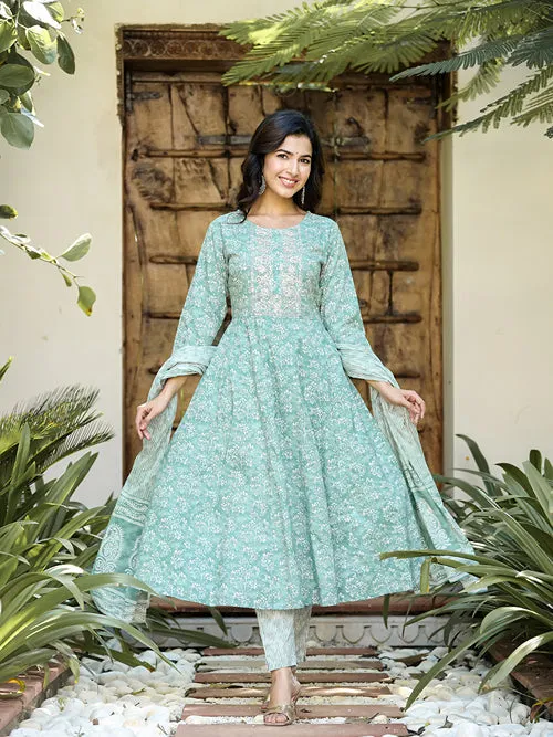 Sea Green Floral Embroidered Regular Thread Work Pure Cotton Kurta With Trousers & With Dupatta