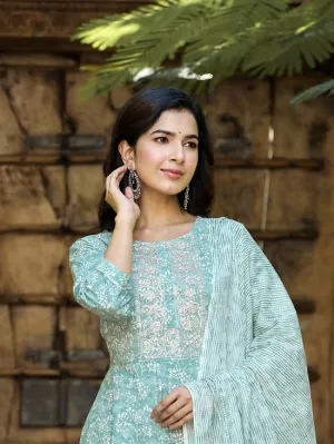 Sea Green Floral Embroidered Regular Thread Work Pure Cotton Kurta With Trousers & With Dupatta