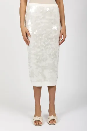 Sequined Cotton Midi Skirt in Milky White