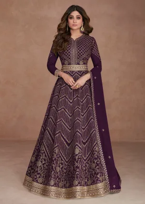 Sequined Embroidered Wine Plum Shamita Shetty Anarkali Gown