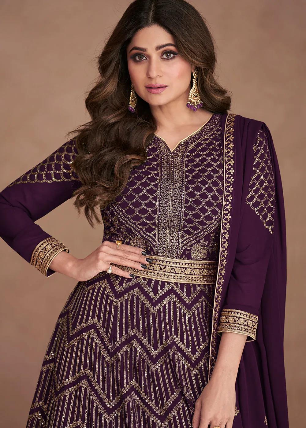 Sequined Embroidered Wine Plum Shamita Shetty Anarkali Gown