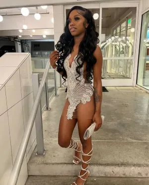 Silver Diamond Mini Cocktail Dresses for Black Girl Gala Prom Gown