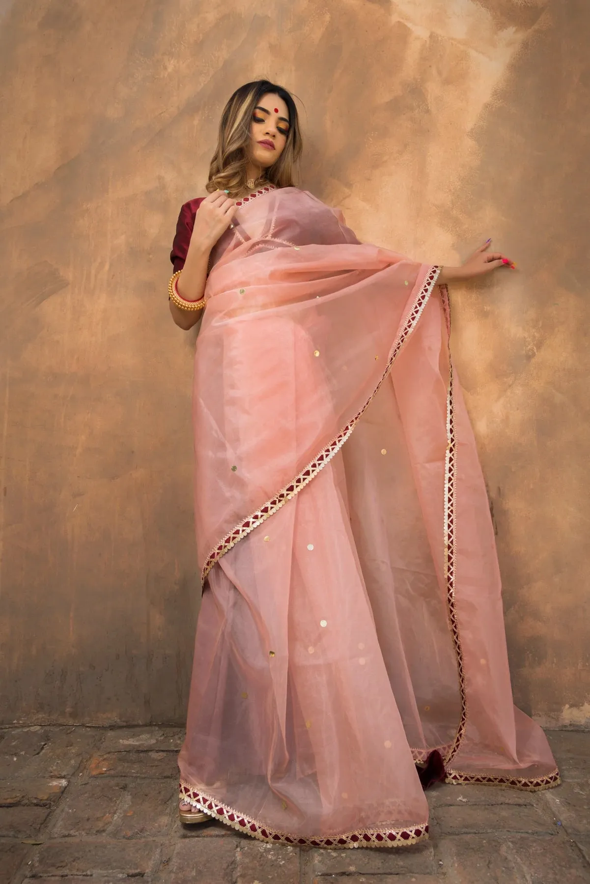 Solid Peach Organza Saree with Tafetta Blouse