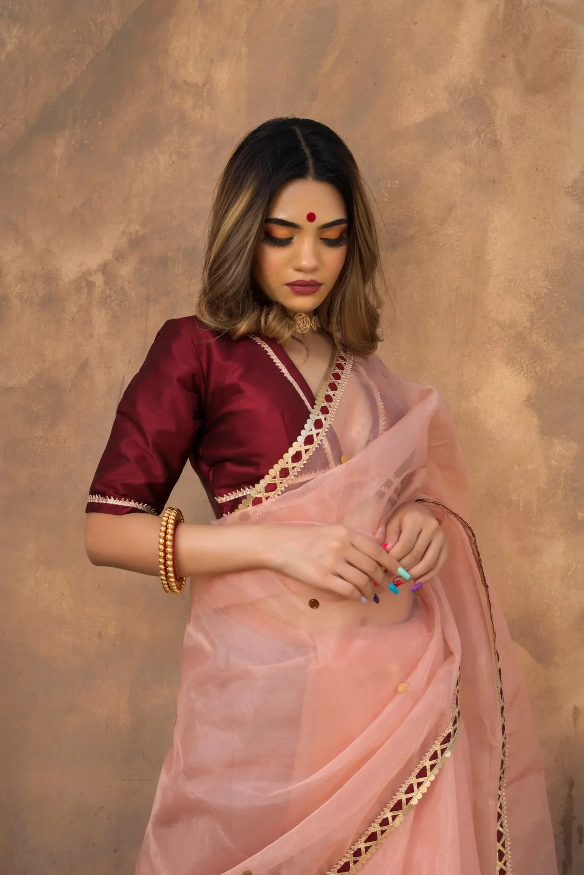 Solid Peach Organza Saree with Tafetta Blouse