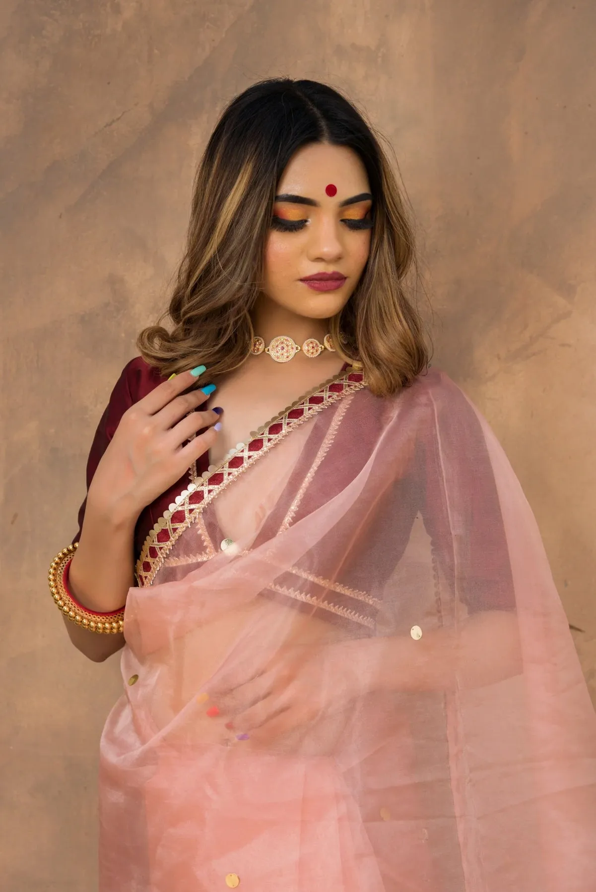 Solid Peach Organza Saree with Tafetta Blouse