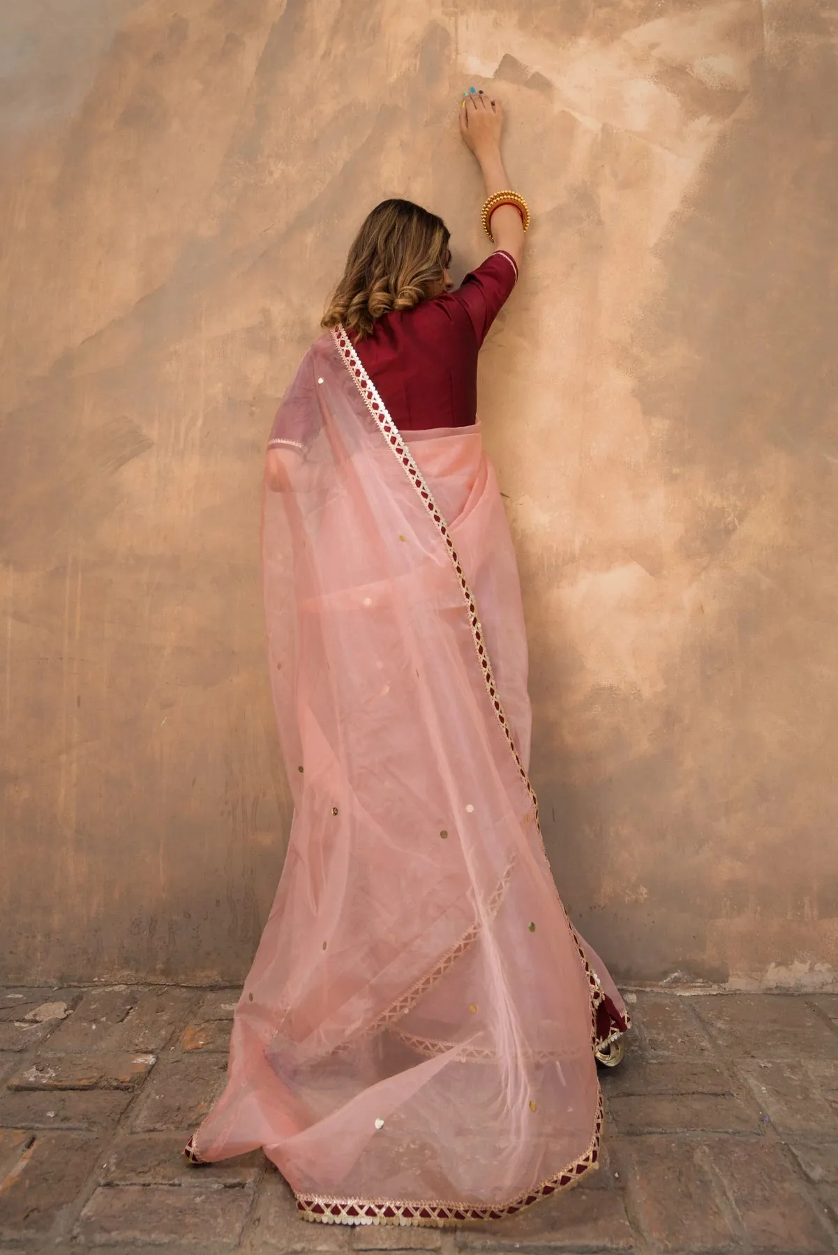 Solid Peach Organza Saree with Tafetta Blouse