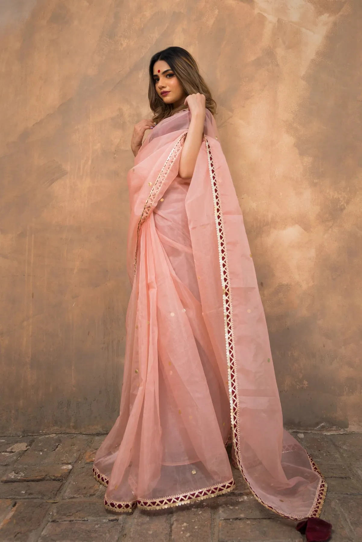 Solid Peach Organza Saree with Tafetta Blouse