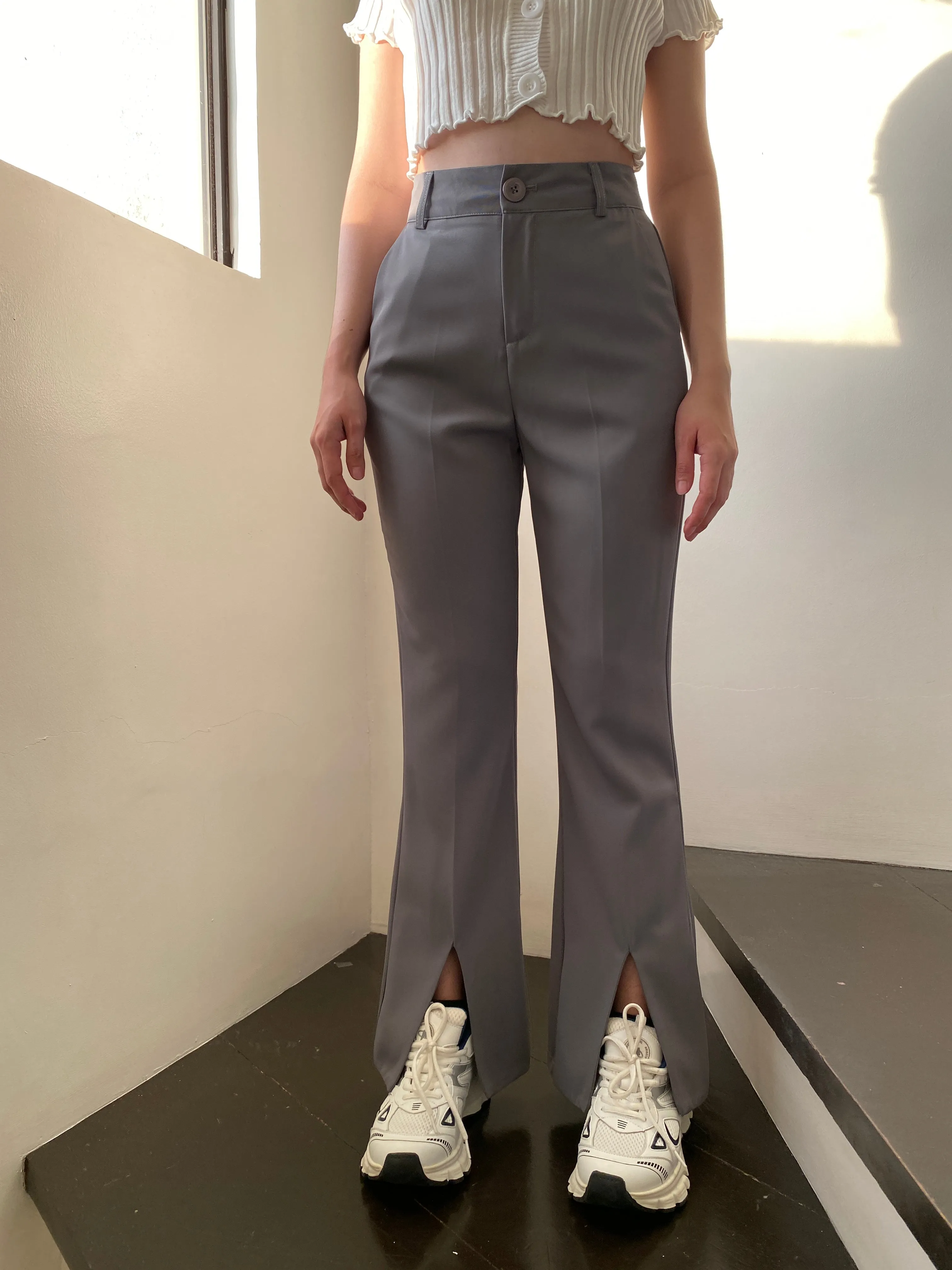 Split Hem Flared Trousers - Smoke