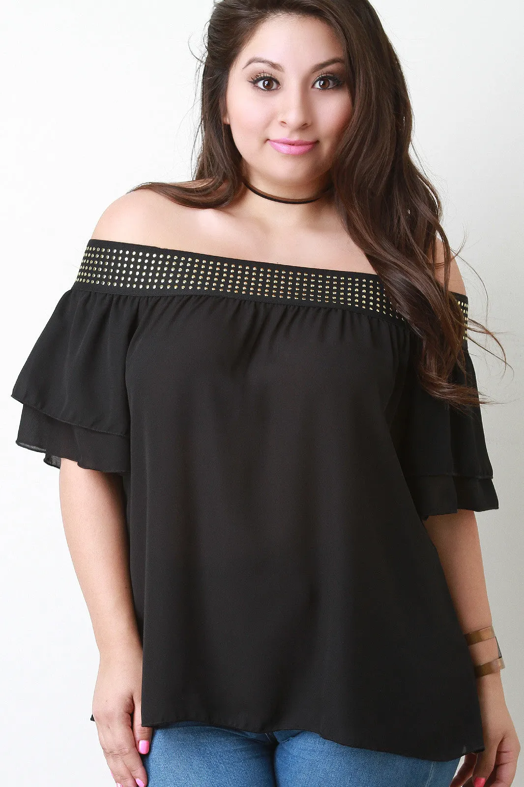 Studded Elastic Band Off The Shoulder Blouse