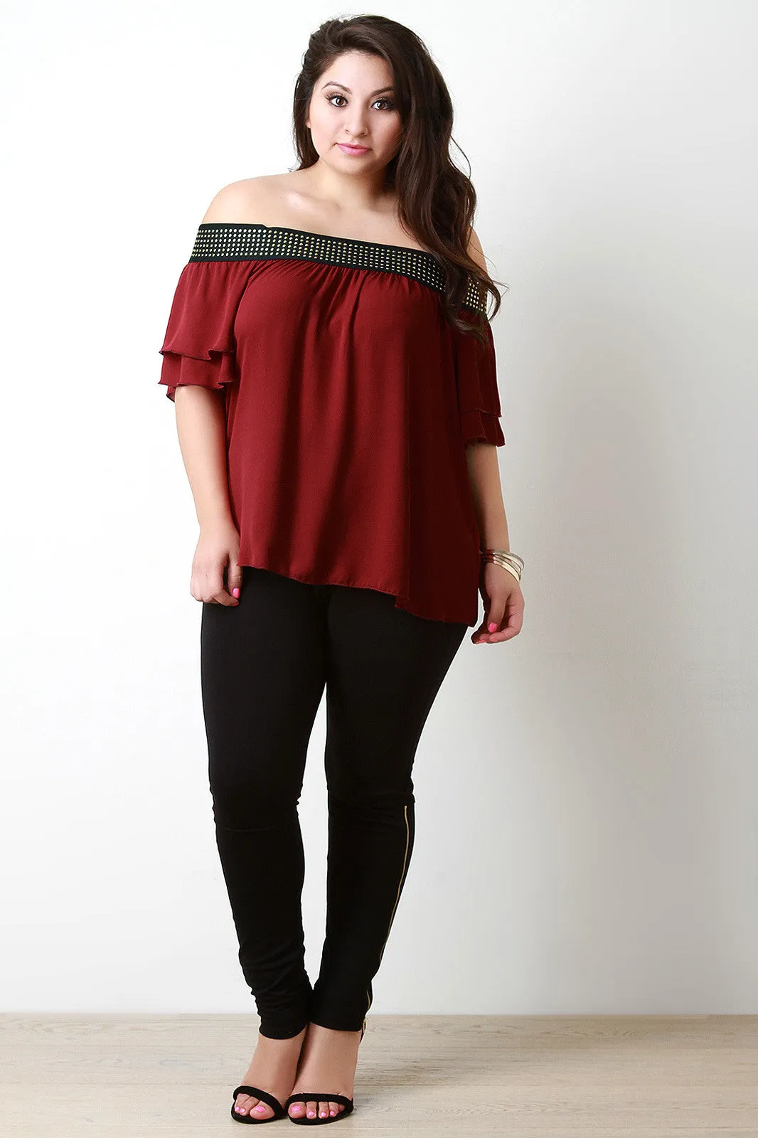 Studded Elastic Band Off The Shoulder Blouse