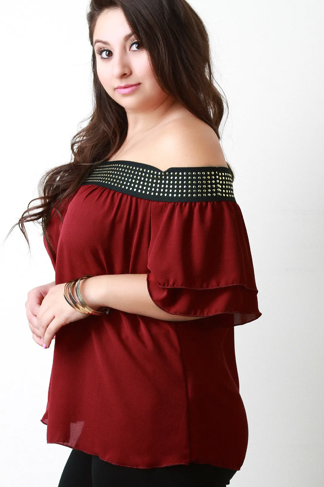 Studded Elastic Band Off The Shoulder Blouse