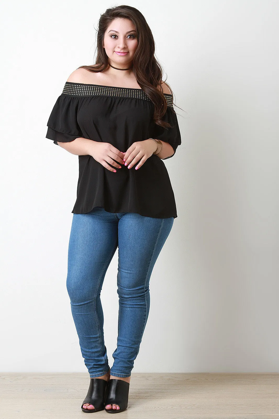 Studded Elastic Band Off The Shoulder Blouse