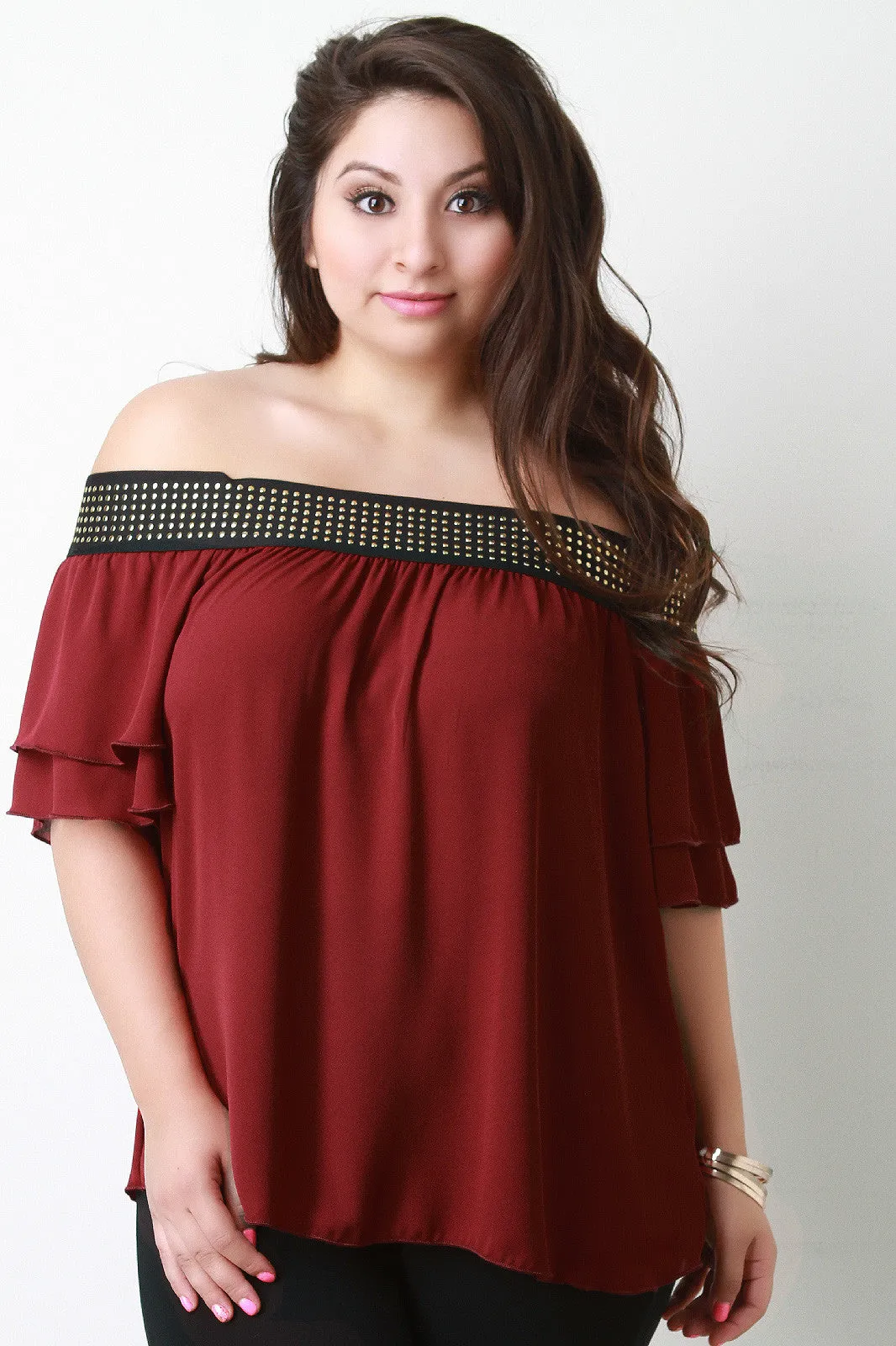 Studded Elastic Band Off The Shoulder Blouse