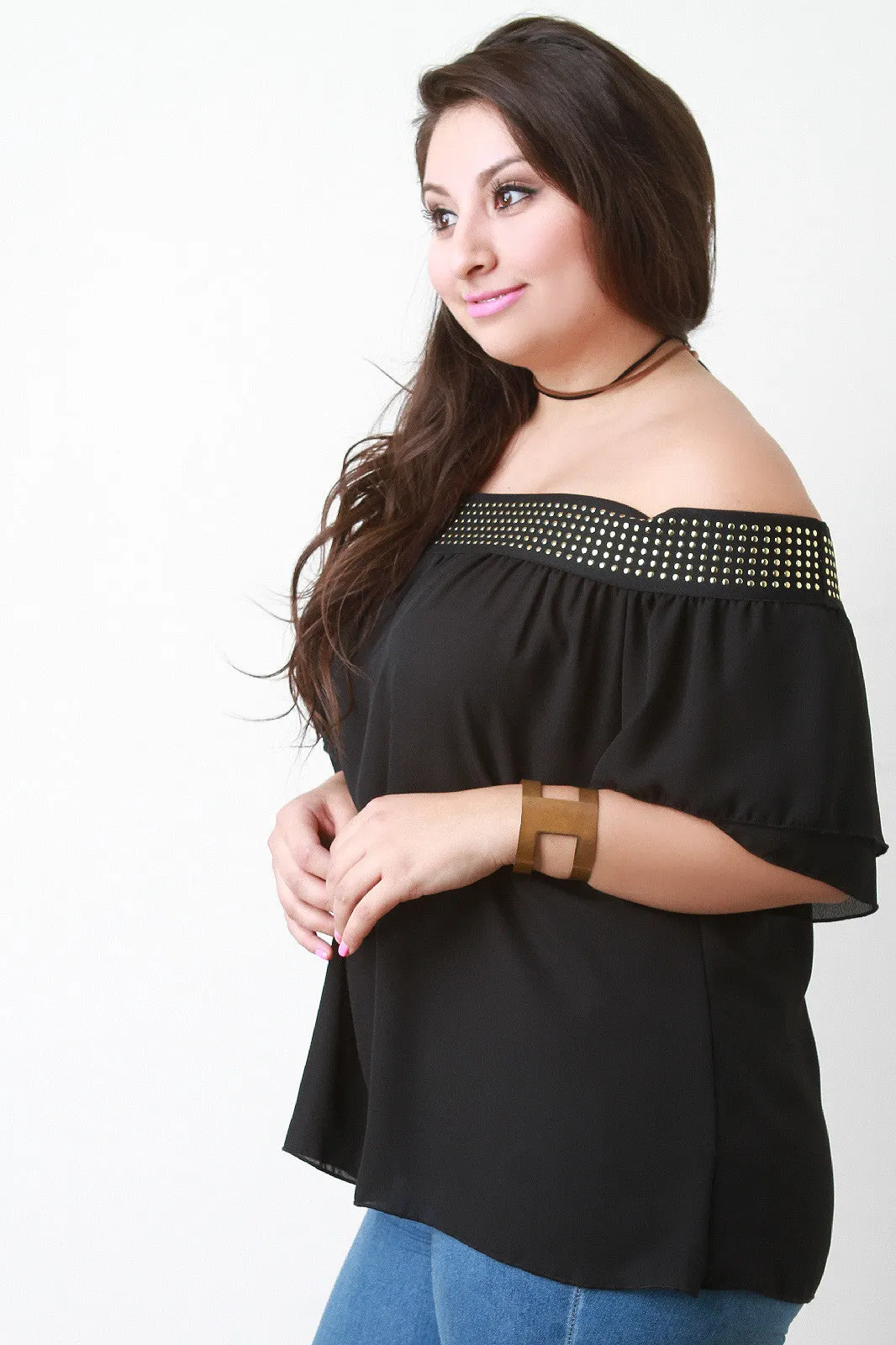 Studded Elastic Band Off The Shoulder Blouse