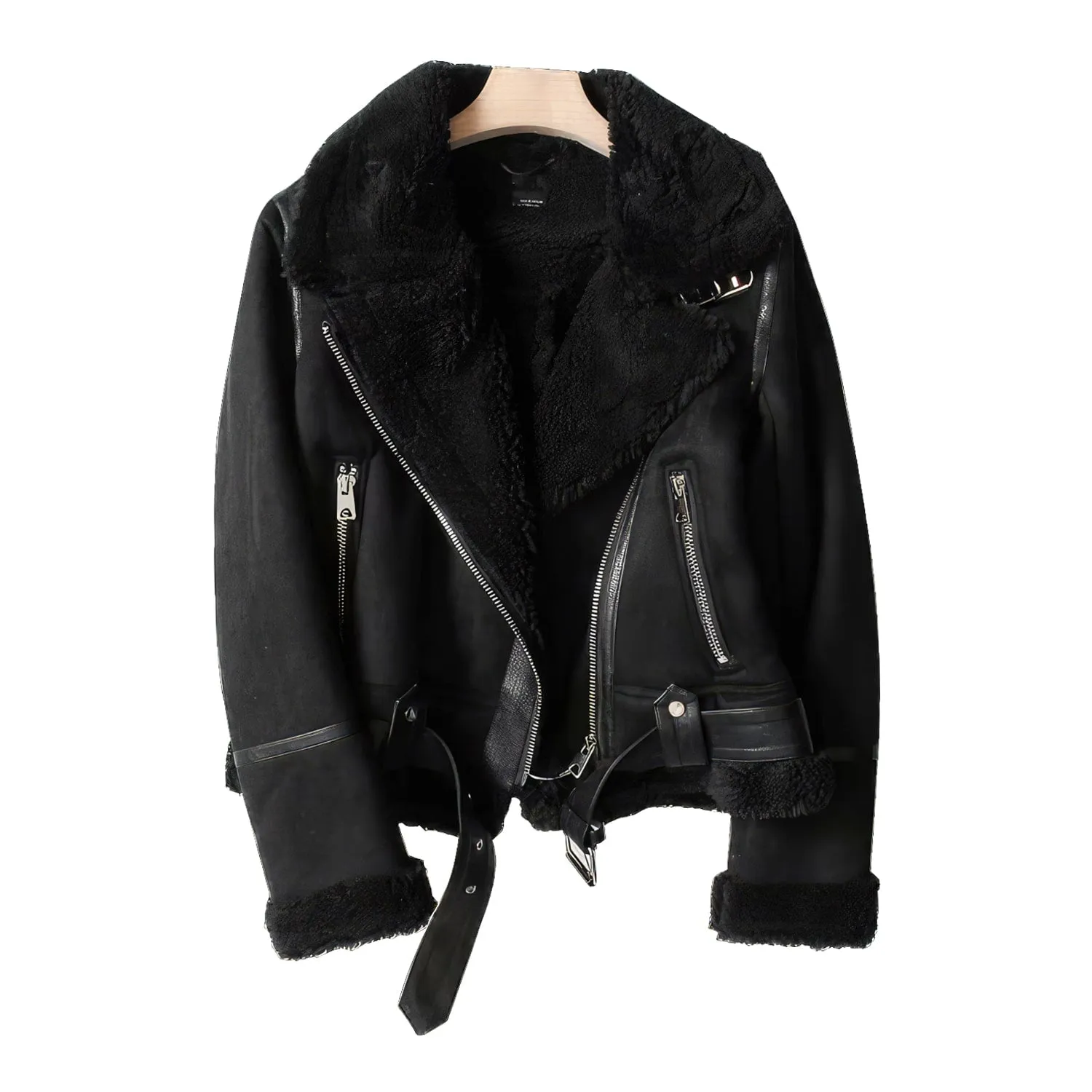 Timeless Women's Vintage Black Suede Lambskin Shearling Moto Biker Jacket