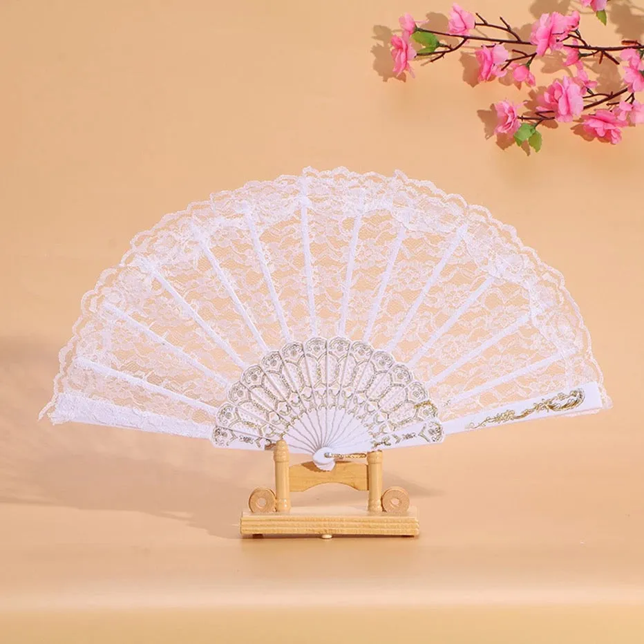 Vintage Japanese Chinese Style Hand Lace Folding Fan - White