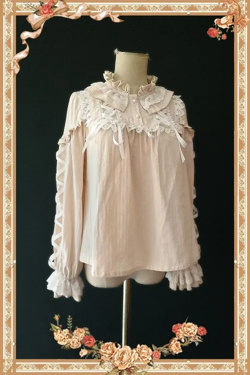 Warm Milk Tea ~ Sweet Women's Ruffled Blouse Long Sleeve Jacquard Striped Blouse by Infanta