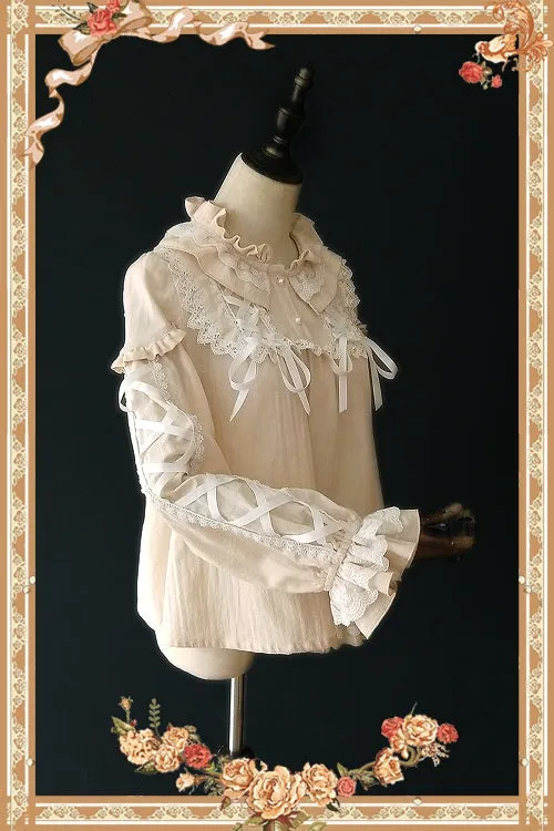 Warm Milk Tea ~ Sweet Women's Ruffled Blouse Long Sleeve Jacquard Striped Blouse by Infanta