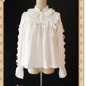 Warm Milk Tea ~ Sweet Women's Ruffled Blouse Long Sleeve Jacquard Striped Blouse by Infanta