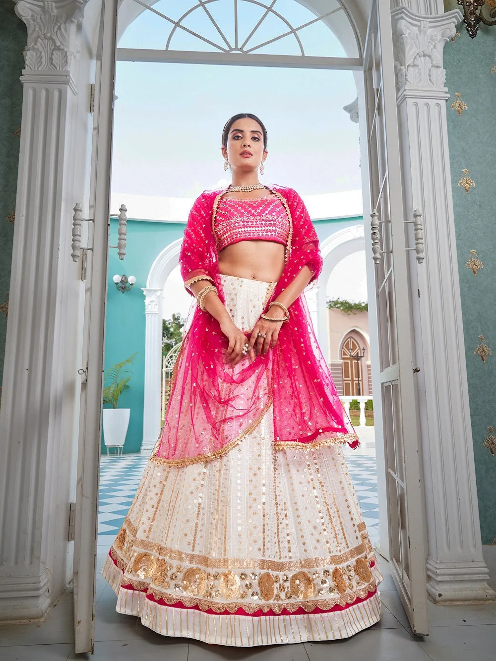 White Color Sequins Embroidery Work Georgette Lehenga Choli