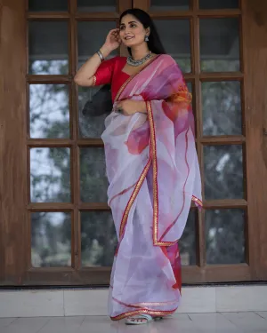 White With Pink Color Lace Work Flower Print Organza Saree