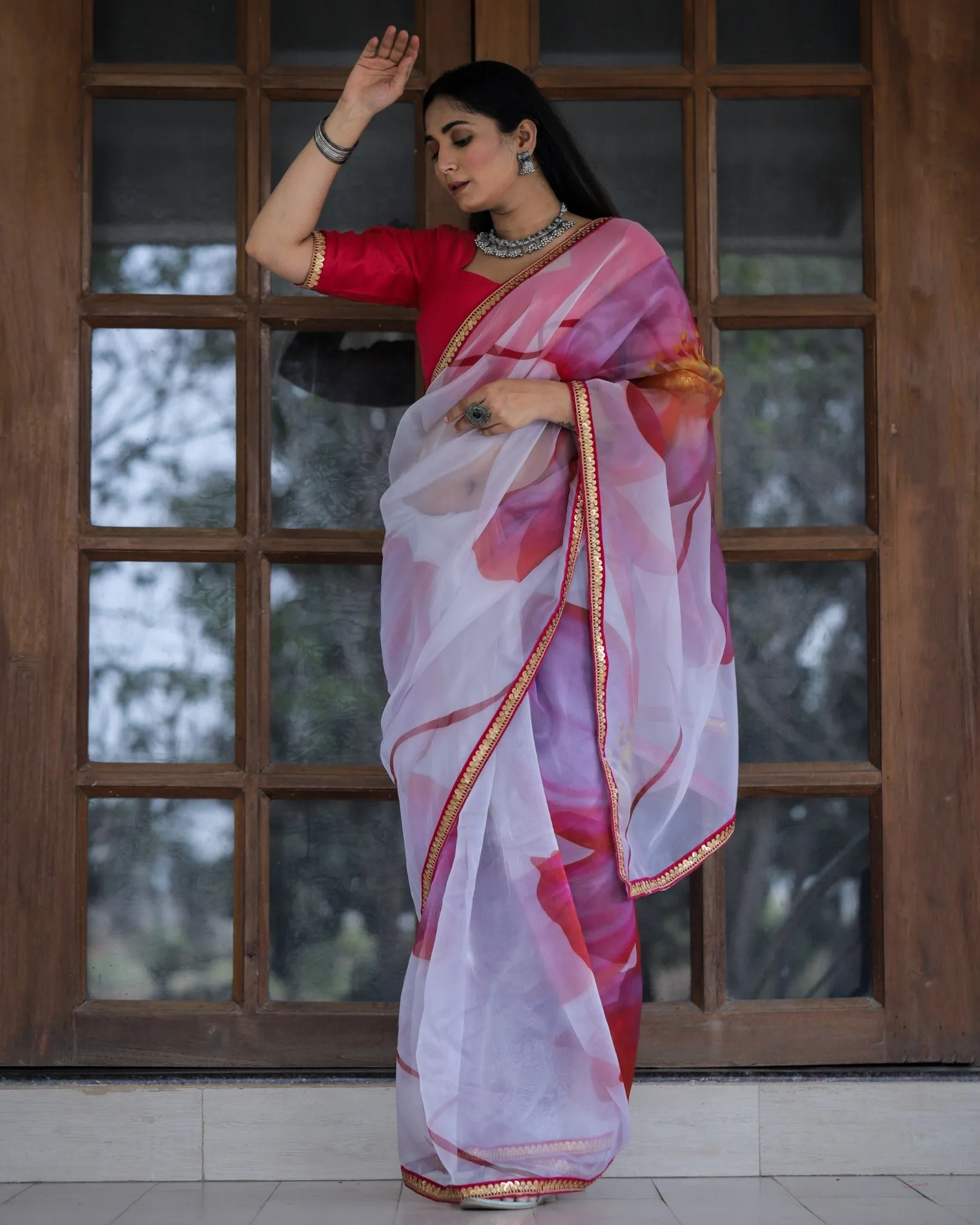 White With Pink Color Lace Work Flower Print Organza Saree