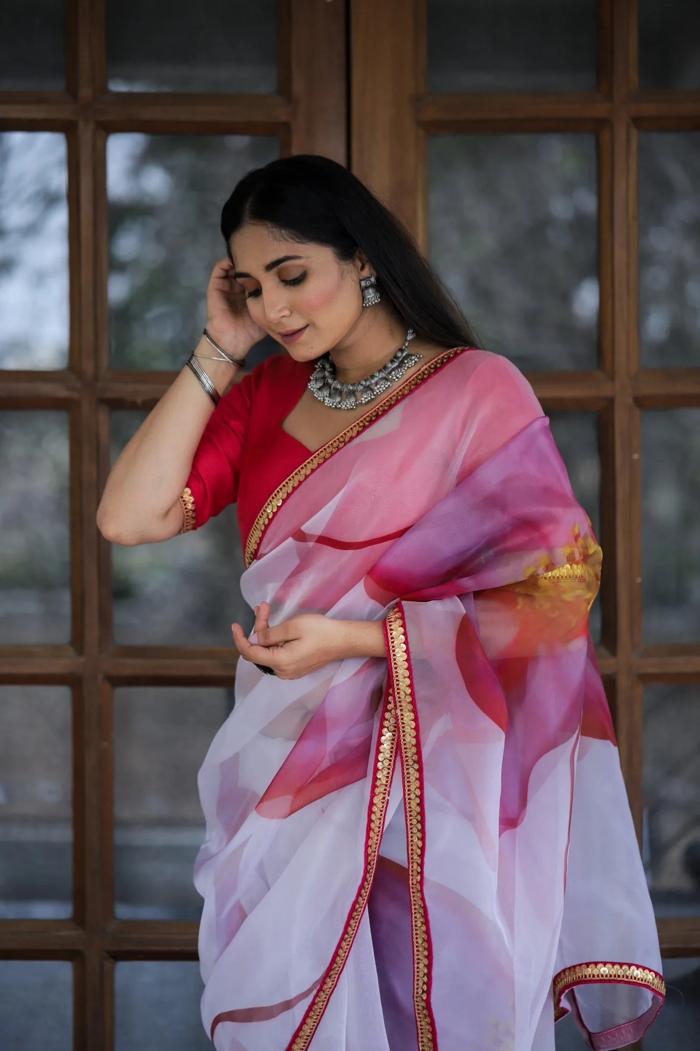 White With Pink Color Lace Work Flower Print Organza Saree