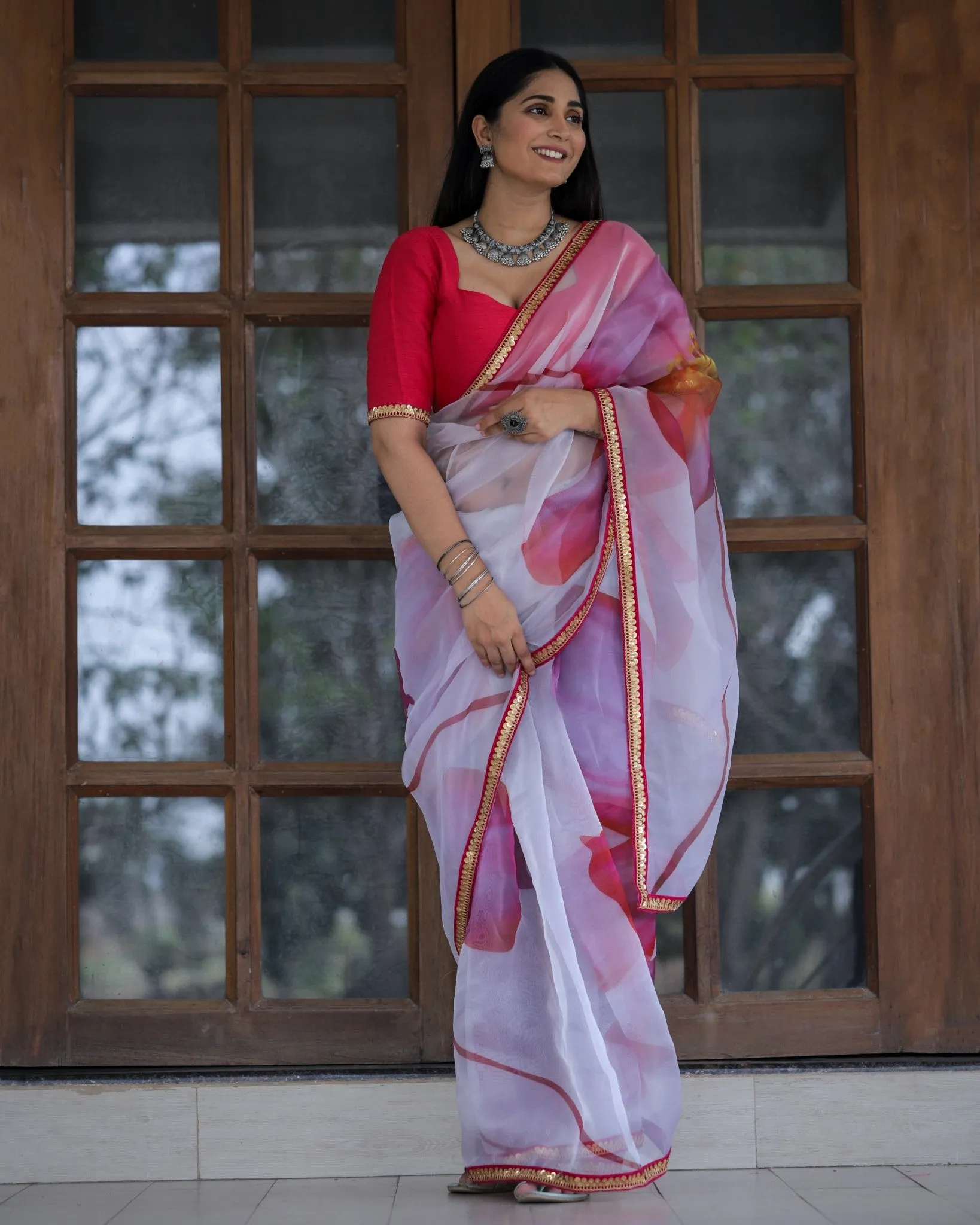 White With Pink Color Lace Work Flower Print Organza Saree