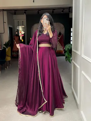 Wine Color Plain With Lace Border Rangoli Silk Lehenga Choli Set