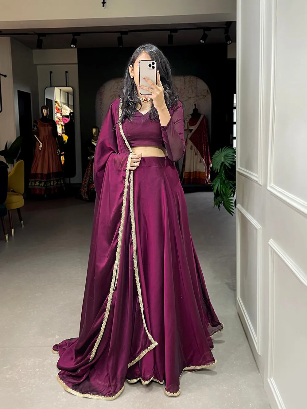 Wine Color Plain With Lace Border Rangoli Silk Lehenga Choli Set