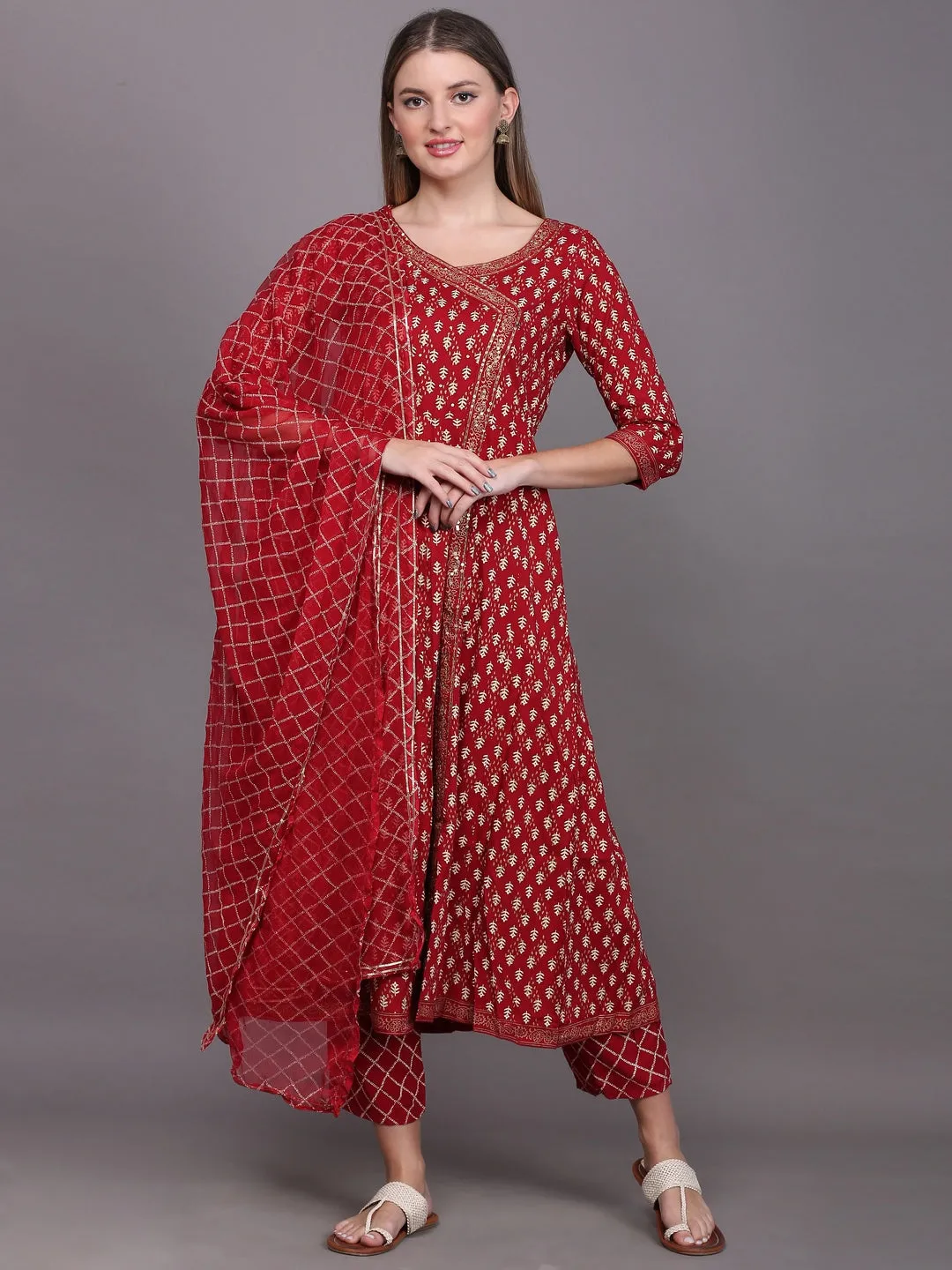 Women Ethnic Motifs Printed Angrakha Sequinned Kurta With Palazzos & With Dupatta