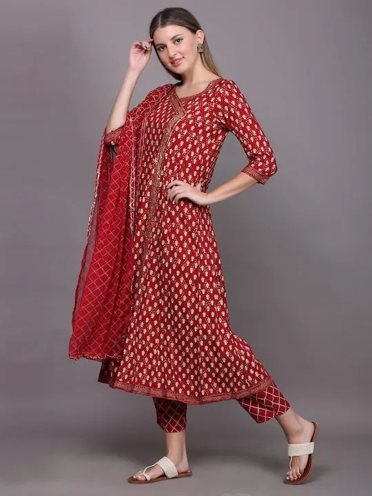 Women Ethnic Motifs Printed Angrakha Sequinned Kurta With Palazzos & With Dupatta