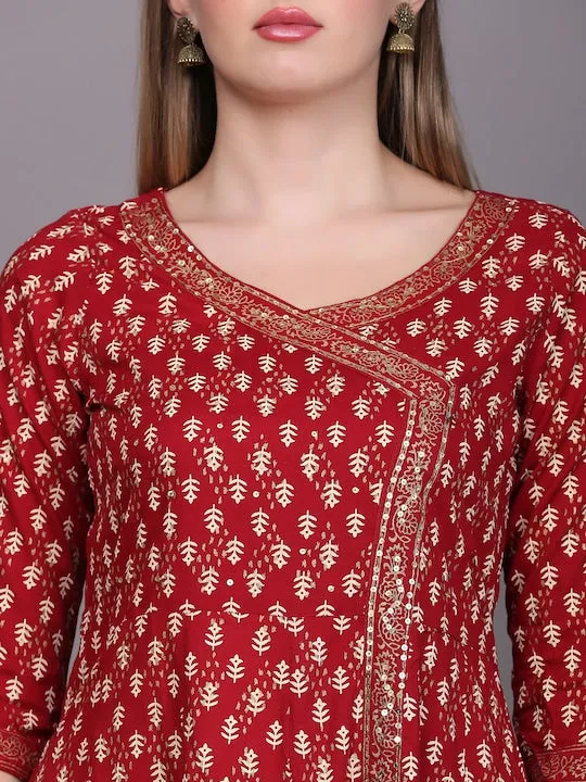 Women Ethnic Motifs Printed Angrakha Sequinned Kurta With Palazzos & With Dupatta