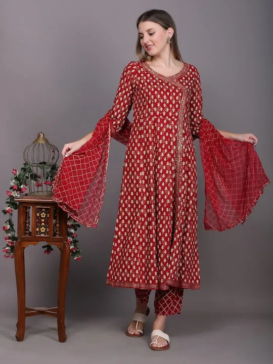 Women Ethnic Motifs Printed Angrakha Sequinned Kurta With Palazzos & With Dupatta