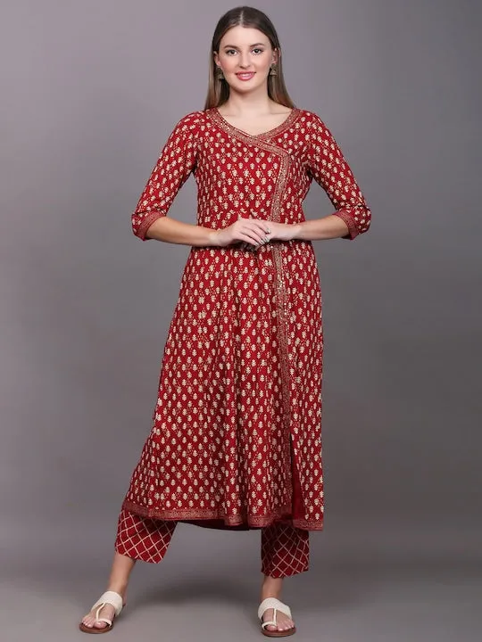 Women Ethnic Motifs Printed Angrakha Sequinned Kurta With Palazzos & With Dupatta