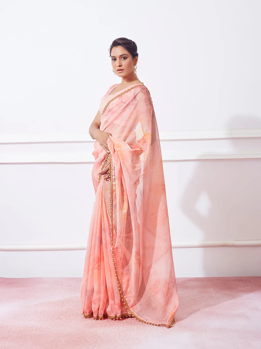 Women Party Wear Printed Organza Silk Saree With Un Stitched Blouse