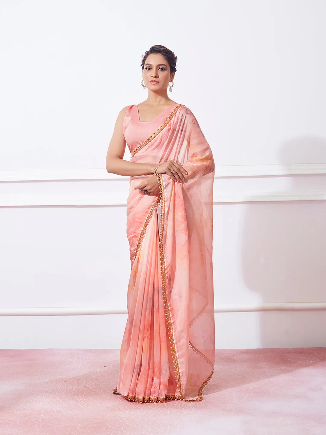 Women Party Wear Printed Organza Silk Saree With Un Stitched Blouse