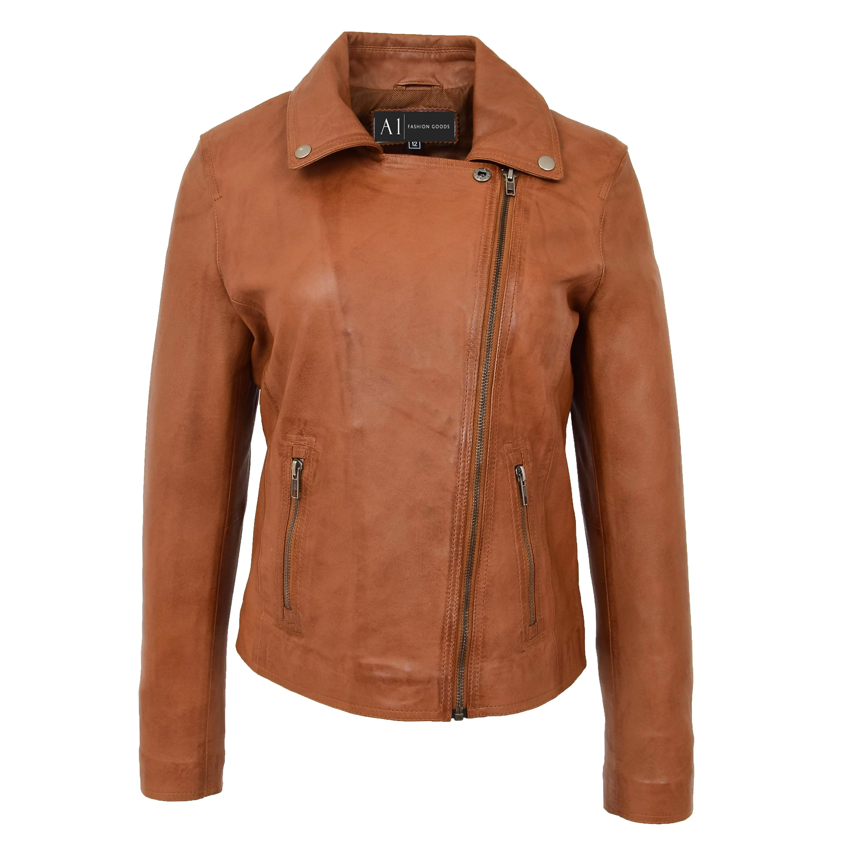 Womens Genuine Leather Biker Jacket Fitted Designer Style Myla Tan