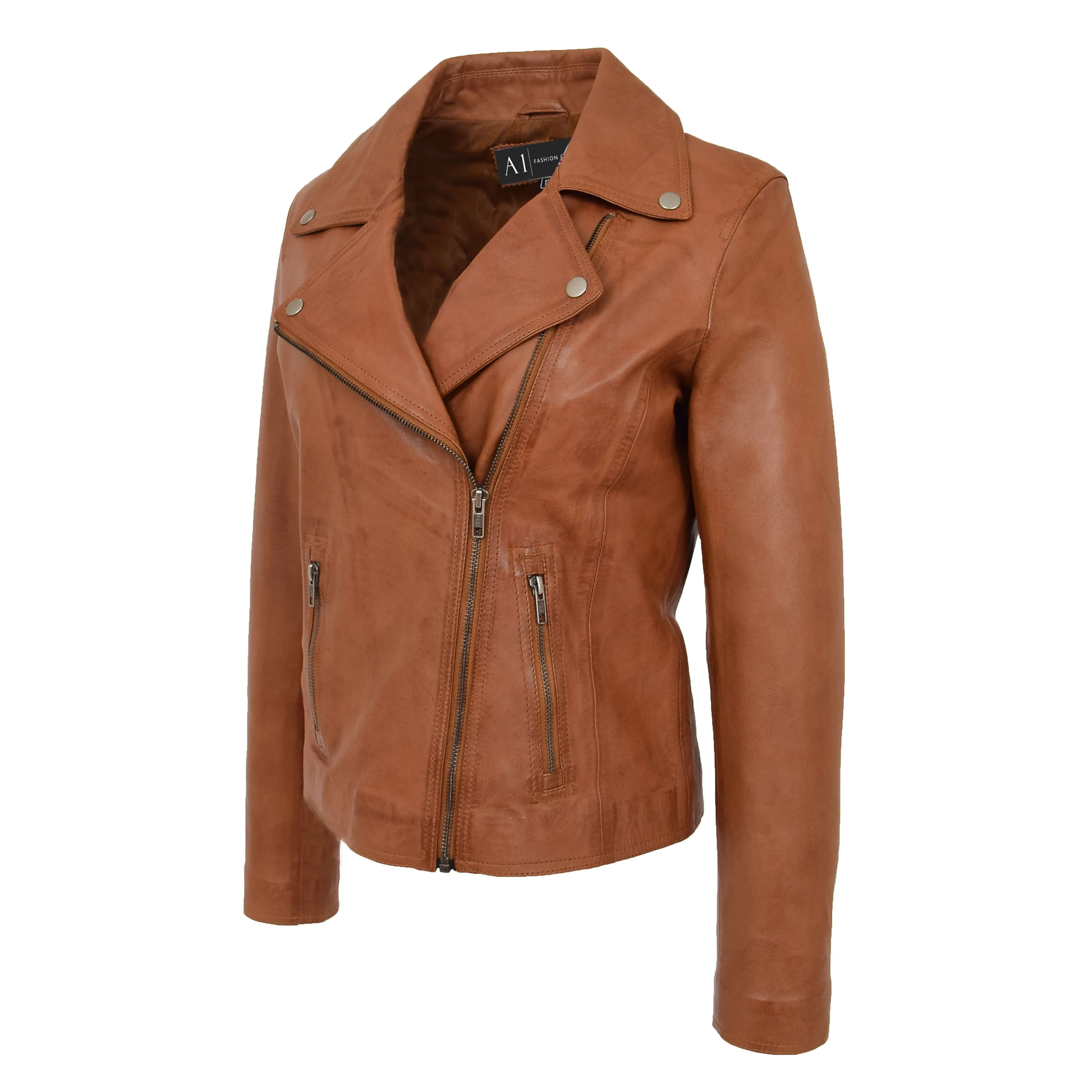 Womens Genuine Leather Biker Jacket Fitted Designer Style Myla Tan