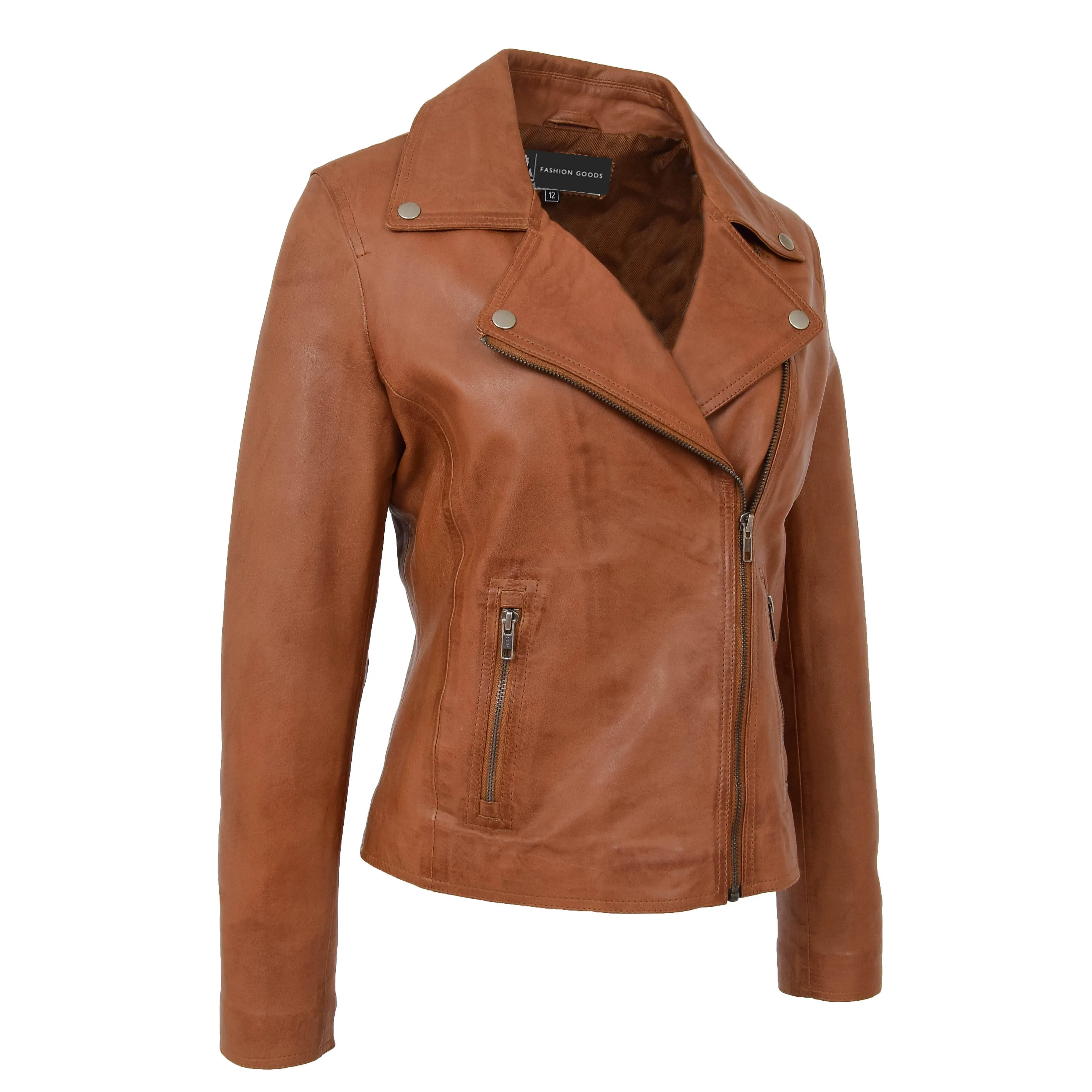 Womens Genuine Leather Biker Jacket Fitted Designer Style Myla Tan